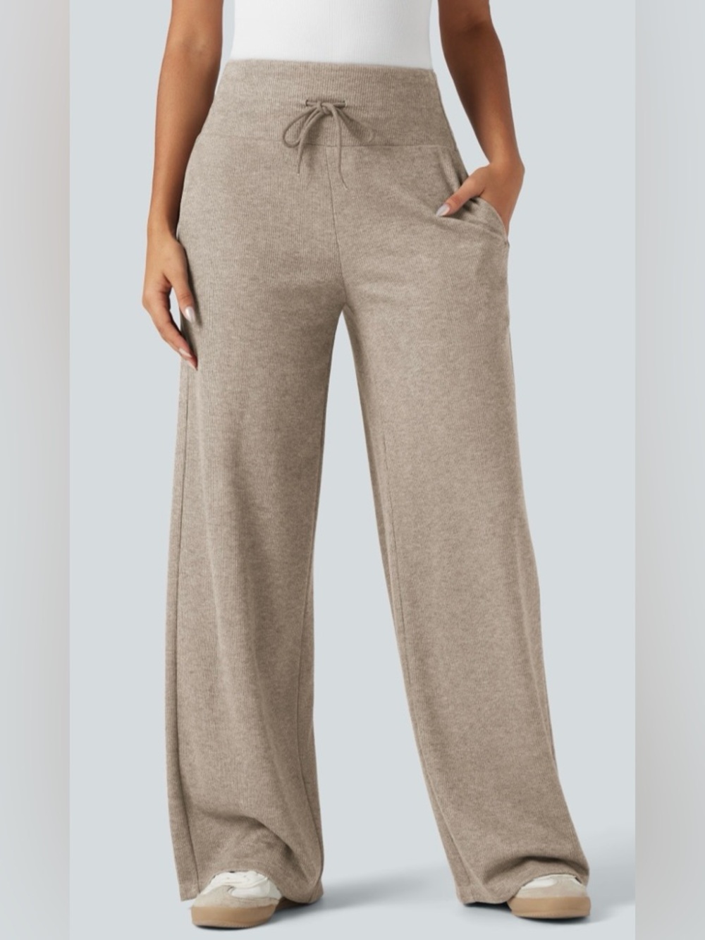 HALARA Ribbed Knit High Waisted Tummy Control Drawstring Casual Wide Leg Pants